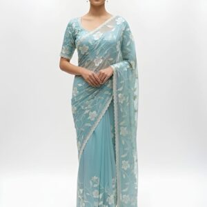 ea Green Soft Chiffon Fancy Designer Saree with Floral Embroidery