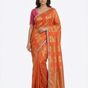 Premium Pure Silk Saree with Orange and Pink Contrast and Zari Motifs