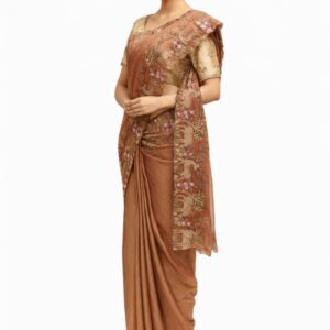 Brown Embroidered Chiffon Saree with Floral and Deer Motif Border