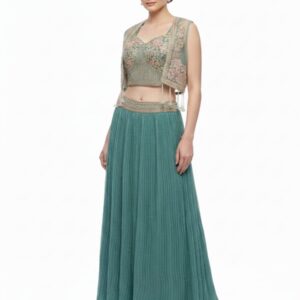 Teal Green Indo-Western Crop Top and Skirt with Sheer Cape