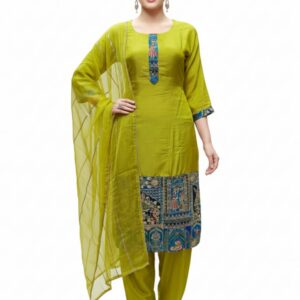 Lime Green Straight Kurta Set with Kalamkari Border and Organza Dupatta